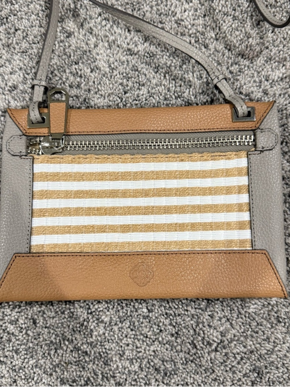 Rafe New York Brown Grey Leather Jute Cotton 3 Compartment Mini Crossbody Bag
